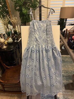 Arose Studio Light Blue Embroidered Tiered Midi Skirt